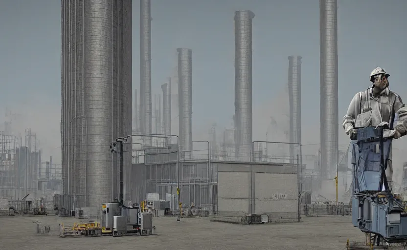 Image similar to industrial towers workers smoke photorealistic