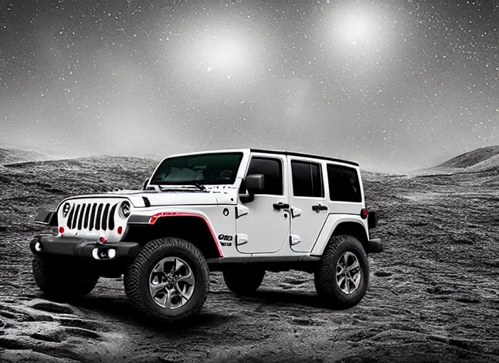 Image similar to Jeep driving across the moon, Professional Photography, Off-roading, Lunar landscape, dirt, cinematic color, photorealistic, highly detailed wheels, highly detailed, sharp, stunning, dynamic