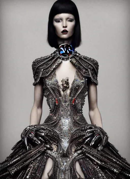 Prompt: portrait of beautiful female robot super model wearing a detailed gucci dress, perfect symmetrical pose, sharp, by irakli nadar with intricate detailed wearing silver victorian dress designed by alexander mcqueen and rocky gathercole, haunting, elite, elegant, ruan jia, dark, hyper detailed, concept art, intricate, detailed