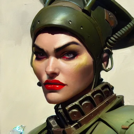 Image similar to greg manchess close - up portrait painting of a beautiful female dieselpunk orc with olive green skin as an overwatch character, medium shot, asymmetrical, profile picture, organic painting, sunny day, matte painting, bold shapes, hard edges, street art, trending on artstation, by huang guangjian and gil elvgren and sachin teng