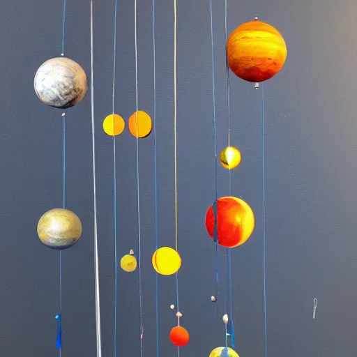 Prompt: a kinetic sculpture of solar system hanging from horizontal line, blue room, papier - mache