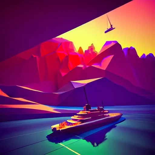 Image similar to super detailed color art, big graphic seiner ship on sunset view with polygonal mountains, unreal engine, high contrast color palette, 3 d render, lowpoly, colorful, digital art, perspective, full volume composition, syd mead