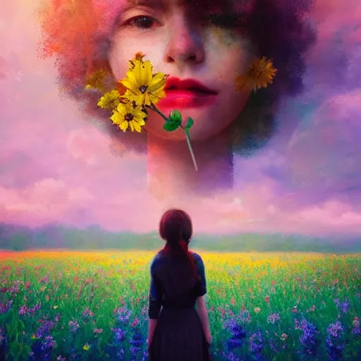 Image similar to girl with a blooming flower for a head, surreal photography, dream, standing in flower field, magical, in a valley, sunrise dramatic light, impressionist painting, colorful clouds, artstation, simon stalenhag, blooming flower face