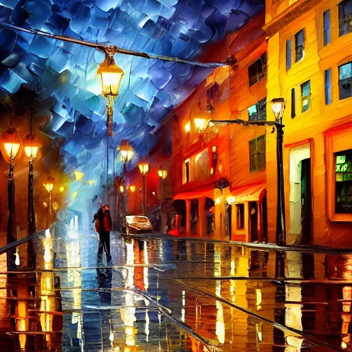 Image similar to a painting of a street corner in the Haight neighborhood with a coffee shop covered in christmas lights, by Tyler Edlin and leonid afremov, behance contest winner, american scene painting, concept art, streetscape, rainy, cozy