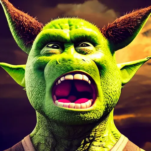 Image similar to ryan reynolds godzilla yoda donkey kong pikachu yeti shrek spongebob homer groot rick sanchez elsa, highly detailed, extremely high quality, hd, 4 k, 8 k, professional photographer, 4 0 mp, lifelike, top - rated, award winning, cinematic, realistic, detailed lighting, detailed shadows, sharp, no blur, edited, corrected, trending