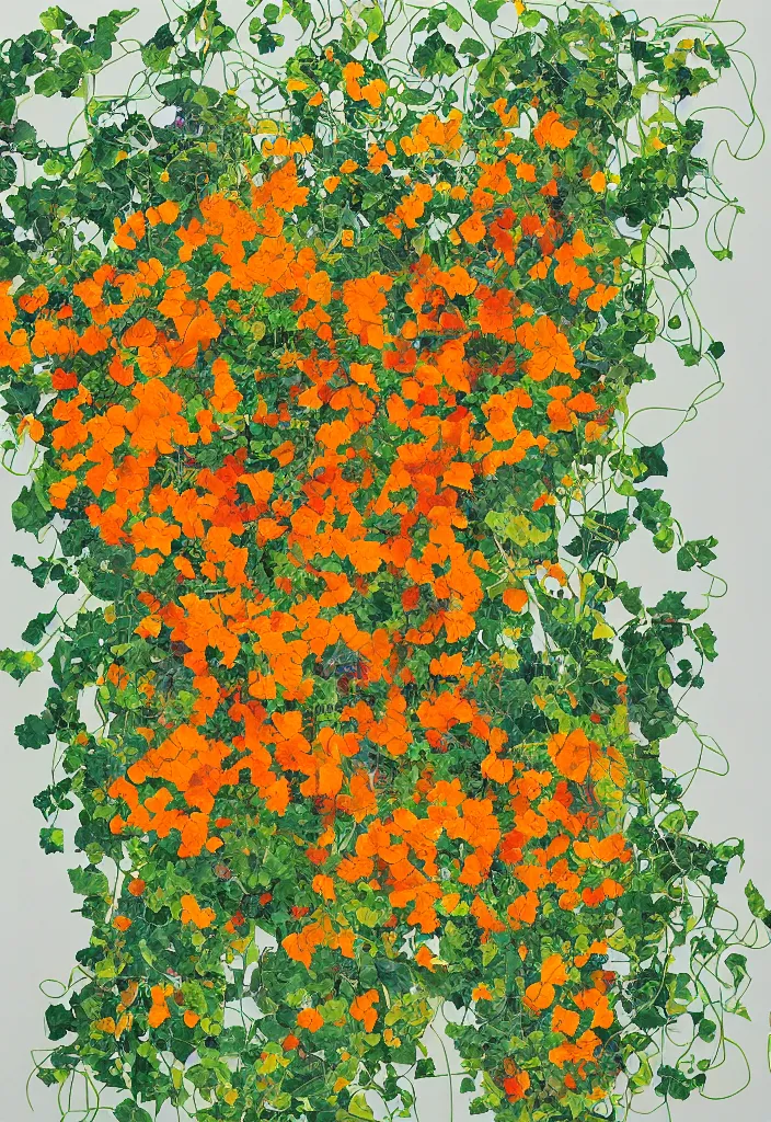 Image similar to award winning semi - abstract artwork about entangled sunflowers and falling nasturtiums with vines