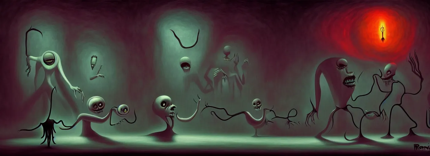 Image similar to uncanny monsters from the depths of the collective unconscious, dramatic lighting, surreal dark 1 9 3 0 s fleischer cartoon characters, surreal painting by ronny khalil