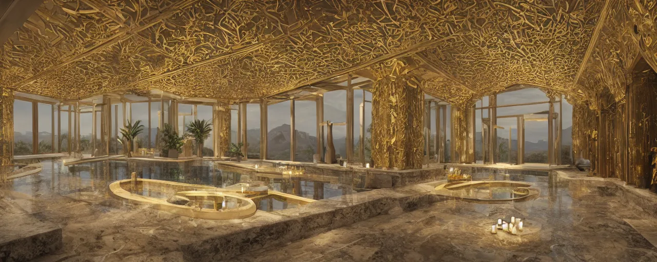 Image similar to photo of a cinematic interior of a triple height hyper luxury spa with everything made of gold, candles, windows with view to desert mountains and river, beige stone marble floor with reflection, small wellness relaxation pool, intricate hieroglyph detailed roof, contemporary design, fractal sacred geometry, 8 k, hyperrealistic, photorealism,