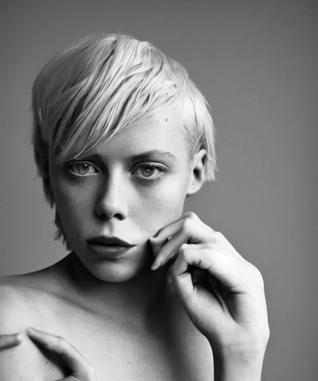 Image similar to a color photograph of edie campbell, bleached blonde short hair, by carrie mae weems, intense, bold, hyperrealistic, ultra sharp, extra details, ultra high quality, trending on pinteresst