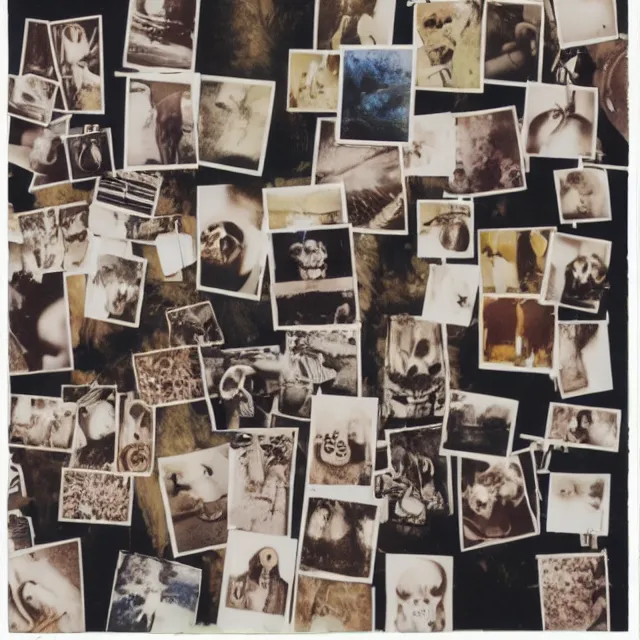 Prompt: collage of polaroid photographs of bones and skeletons