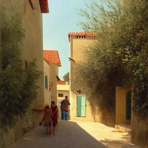 Image similar to a beautiful painting of a mediterranean fishing village in summer by peter ilsted, whitewashed housed, cypress trees, cyan shutters on windows, trending and featured on artstation and behance, people walking down a street