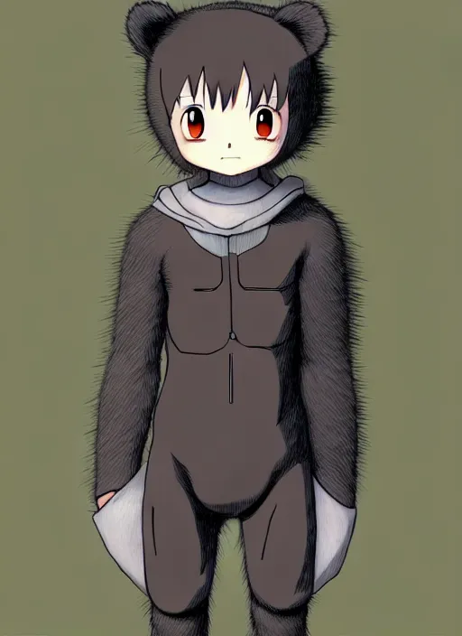 Image similar to beautiful little boy wearing an cyborg bear suit, artwork in kentaro miura and made in abyss and rosdraws, smooth, beautiful lightness, anatomically correct, trending on pixiv, forest