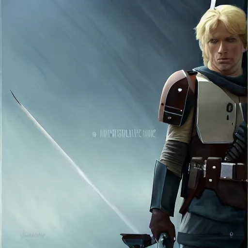 Image similar to a young blonde male jedi with short hair standing still, full body photography, extremely long shot, long shot, over the shoulder shot, ots shot, third-person shot, full-length, head-to-toe, concept art by Doug Chiang cinematic, realistic painting, high definition, concept art, the Mandalorian concept art style