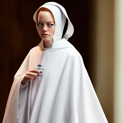 Image similar to A full body shot of Emma Stone dressed as a nun , catholic , high quality, fully detailed, 4k, inspired by handmaid's tale, her beautiful eyes are fully detailed and in focus