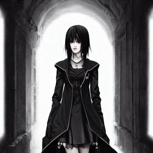 Image similar to 1 7 - year - old goth girl, black hair, long bob cut, long bangs, gothic coat, dark hallways, soft lighting, glowing keypads, secret society, roman pillars, strong lighting, strong shadows, vivid hues, ultra - realistic, sharp details, subsurface scattering, intricate details, hd anime, 2 0 1 9 anime