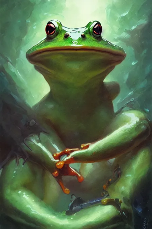 Image similar to a portrait of a stunning humanoid frog, by pete mohrbacher and greg rutkowski, in frame, low angle, fantasy