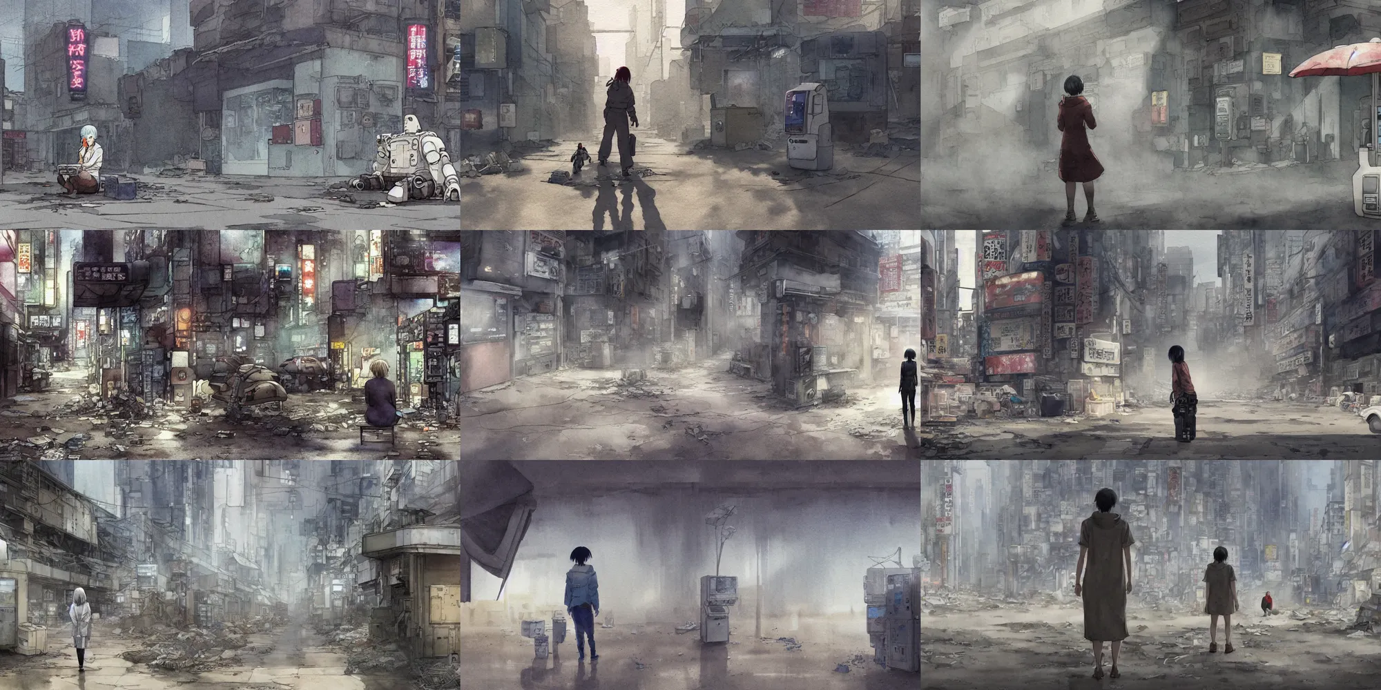 Prompt: incredible wide screenshot, simple watercolor, paper texture, katsuhiro otomo ghost in the shell movie scene, distant shot of grey hoody girl side view sitting under a parasol in deserted dusty shinjuku junk town, alone astronaut exploring, broken vending machines, old pawn shop, bright sun bleached ground, mud, fog, dust, windy, scary chameleon face muscle robot monster lurks in the background, ghost mask, teeth, animatronic, black smoke, pale beige sky, junk tv, texture, strange, impossible, fur, spines, mouth, pipe brain, shell, brown mud, dust, bored expression, overhead wires, telephone pole, dusty, dry, pencil marks, genius party,shinjuku, koju morimoto, katsuya terada, masamune shirow, tatsuyuki tanaka hd, 4k, remaster, dynamic camera angle, deep 3 point perspective, fish eye, dynamic scene