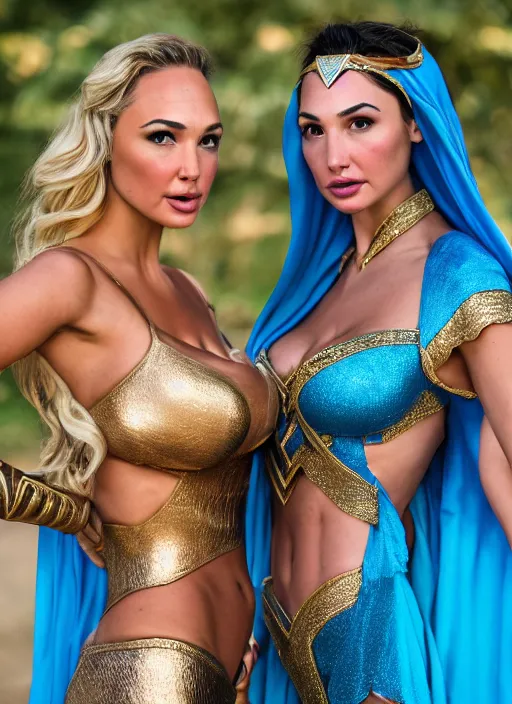 Image similar to portrait of lindsey pelas and gal gadot wearing as princess jasmine, by charlotte grimm, natural light, detailed face, beautiful features, symmetrical, canon eos c 3 0 0, ƒ 1. 8, 3 5 mm, 8 k, medium - format print, half body shot