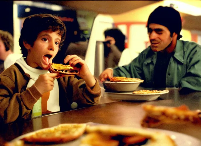 Image similar to portrait of charlie kaufman eating pizza at chuck - e - cheese, with felipe dieppa, and with vince peone, dramatic lighting, moody film still from being john malkovich ( 2 0 0 1 ), 3 5 mm kodak color stock, 2 4 mm lens, directed by spike jonze, ecktochrome