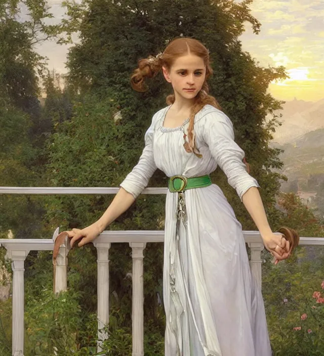 Prompt: intricate oil painting of a young elf alicia vikander with pointed elf ears wearing ornate white and light green dress with silver belt, looking out at sunrise over rivendell from her art nouveau balcony, elegant, digital painting, sharp focus, illustration, ultra realistic, 8 k, by bouguereau, alphonse mucha, artgerm, and donato giancola