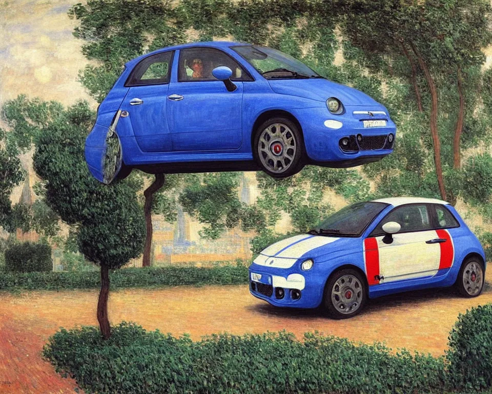 Image similar to achingly beautiful painting of a new fiat abarth by rene magritte, monet, and turner.