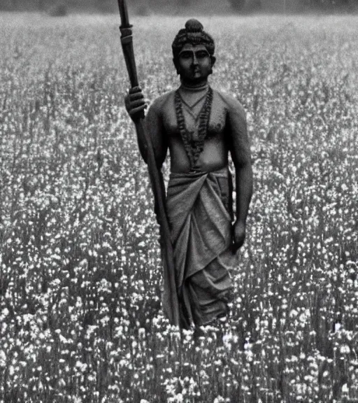 Prompt: mystical hindu god kaali standing in tall meadow of flowers, distant, ww1 film photo, grainy, high detail, high resolution