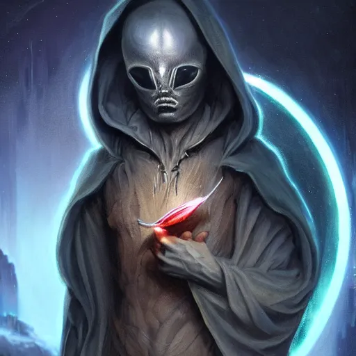 Image similar to rogue male wearing a cloak on an alien world and holding a holographic planet projection in his hand, masked face, detailed, sci - fi, digital painting, artstation, sharp focus, illustration, ominous, artgerm, tomasz alen kopera, peter mohrbacher, donato giancola, joseph christian leyendecker, wlop, frank frazetta