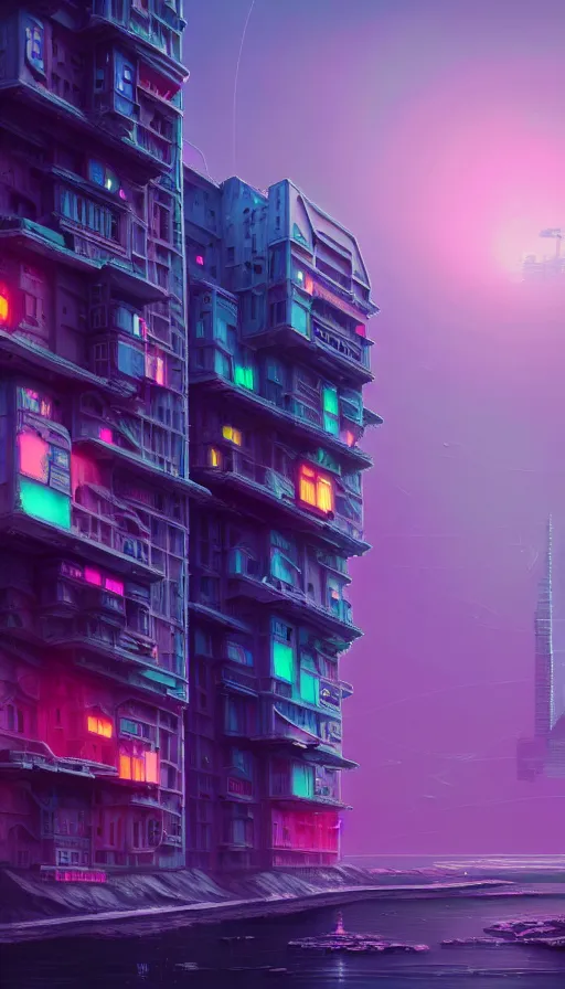 Image similar to a beautiful very detailed painting of city architecture abandoned sea fort by beeple, cyberpunk neon noir landscape vice city meadow cosmic fantasy san andreas at winter futuristic wilderness matte painting alien, archdaily, wallpaper, highly detailed, trending on artstation.