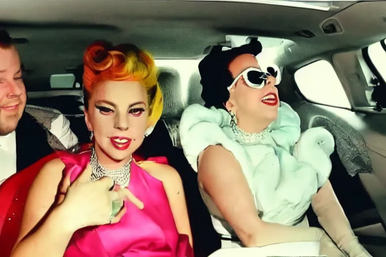 Image similar to lady gaga and judy garland doing carpool karaoke, lady gaga and judy garland, carpool karaoke, lady gaga, judy garland, carpool karaoke, youtube video screenshot, the late late show with james corden