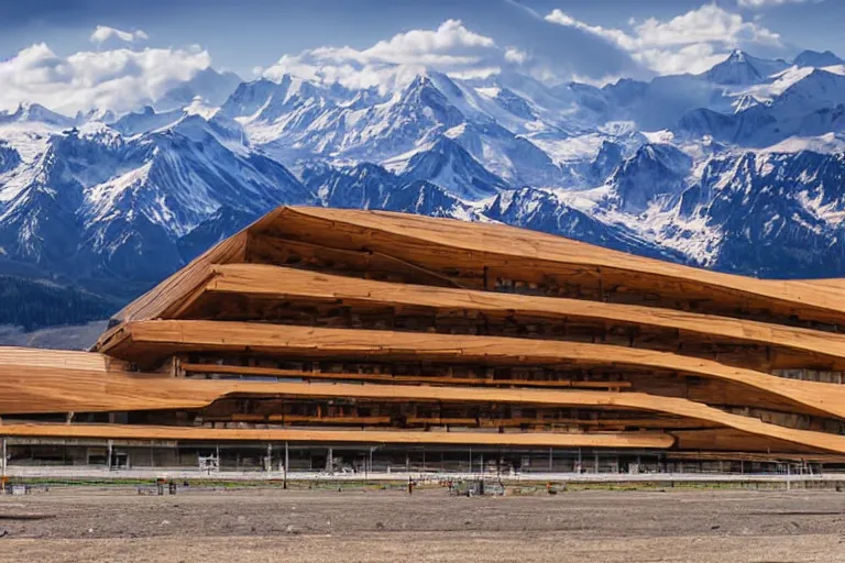 Image similar to architecture photo modern wooden fachwerk giant opera building settlement with Elbrus mountain on the background, architecture, photorealism 8k , shining and happy atmosphere, uplight, high details