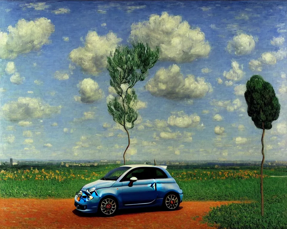 Prompt: achingly beautiful painting of a 2 0 1 3 fiat 5 0 0 abarth by rene magritte, monet, and turner.