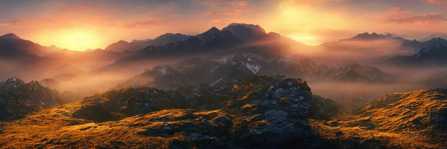 Image similar to a high mountain peak overlooks a misty mountainous landscape at sunset, 4k digital art, trending on artstation, golden hour, beautiful lighting