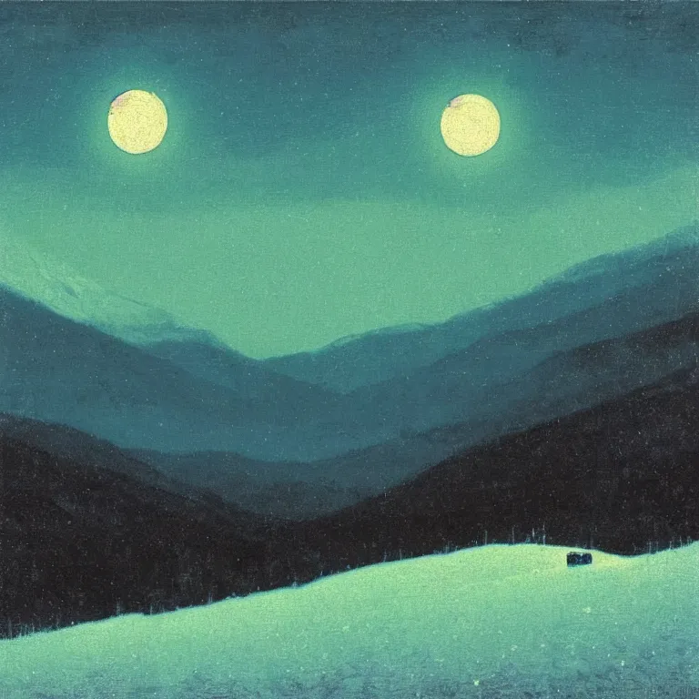 Image similar to new hampshire, mountains, winter, night, moon light, luminous, teal palette, arkhip kuindzhi, glaze oil painting