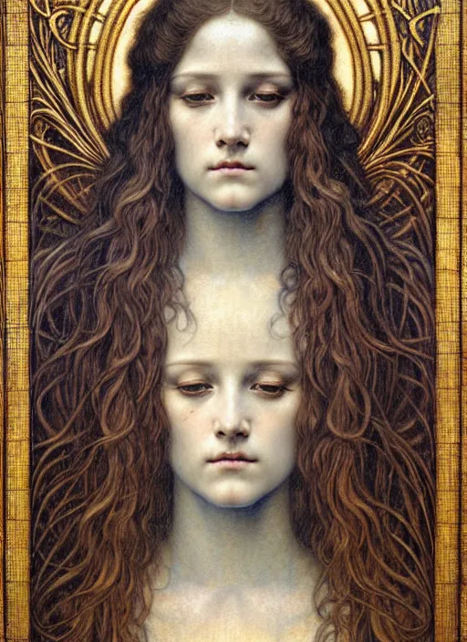 Image similar to detailed realistic beautiful young medieval queen face portrait by jean delville, gustave dore and marco mazzoni, art nouveau, symbolist, visionary, gothic, pre - raphaelite. horizontal symmetry