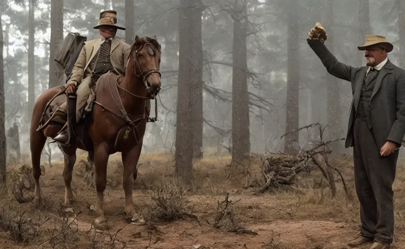 Image similar to Leonardo DiCaprio as Theodore Roosevelt in 'Roosevelt' (2017), movie still frame, oscar nominated cinematography, volumetric lighting, 8k resolution