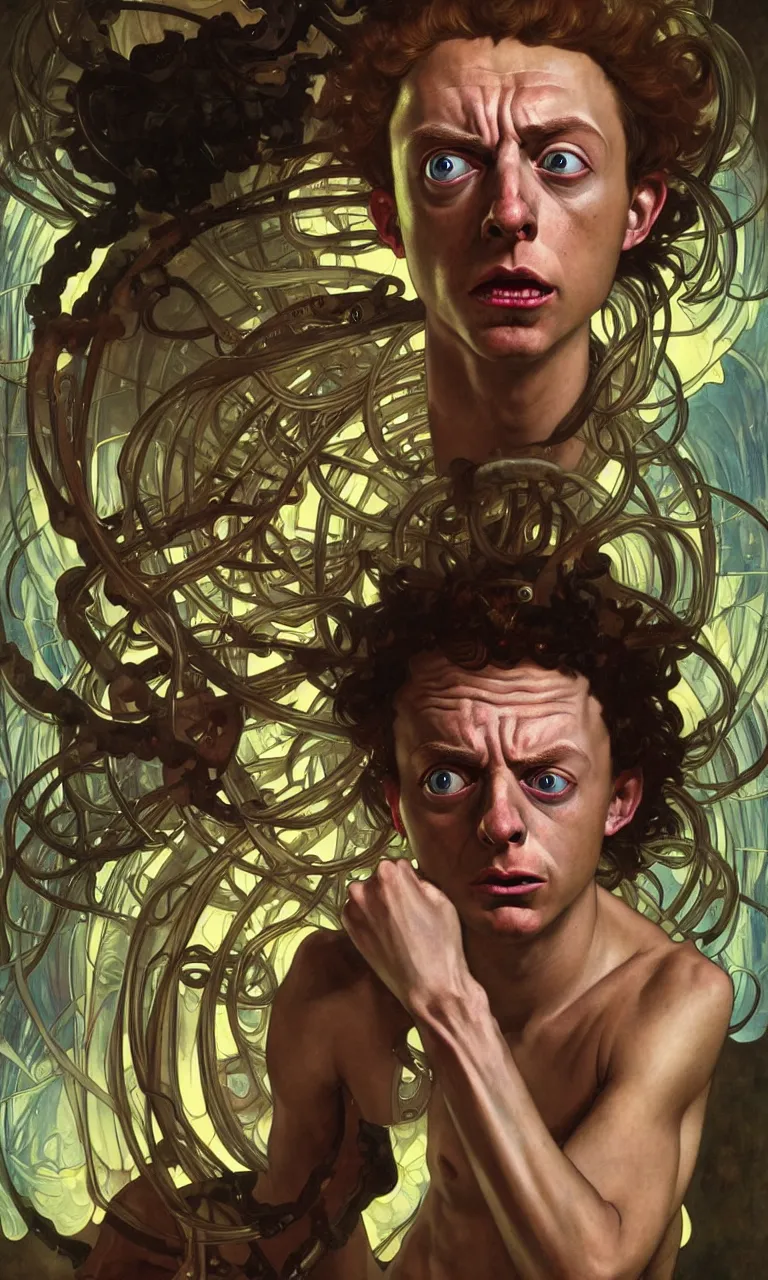 Image similar to hyper realistic grotesque portrait of an young dumb morty, from rick and morty, worried, interdimentional portal in the background, by lee bermejo, alphonse mucha and greg rutkowski