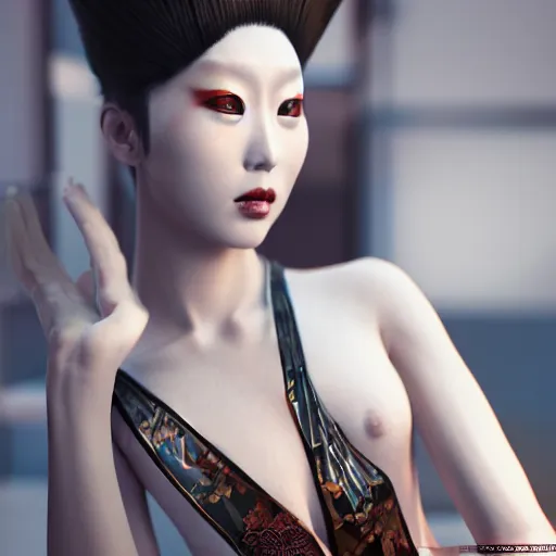 Image similar to ancient japanese inspired avant-garde art, deco fashion, highly detailed, photorealistic portrait, bright studio setting, studio lighting, crisp quality and light reflections, unreal engine 5 quality render