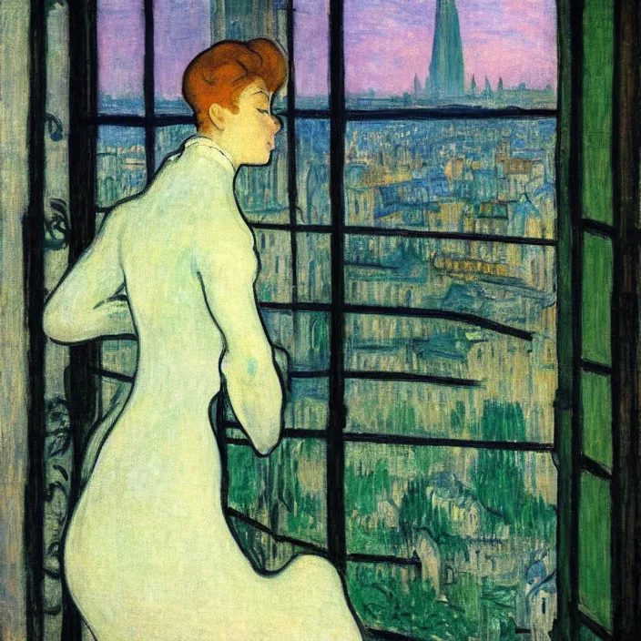 Prompt: woman in green dress with city with cathedral seen from a window frame at sunset. fuzzy white cat. monet, henri de toulouse - lautrec, utamaro, matisse, felix vallotton