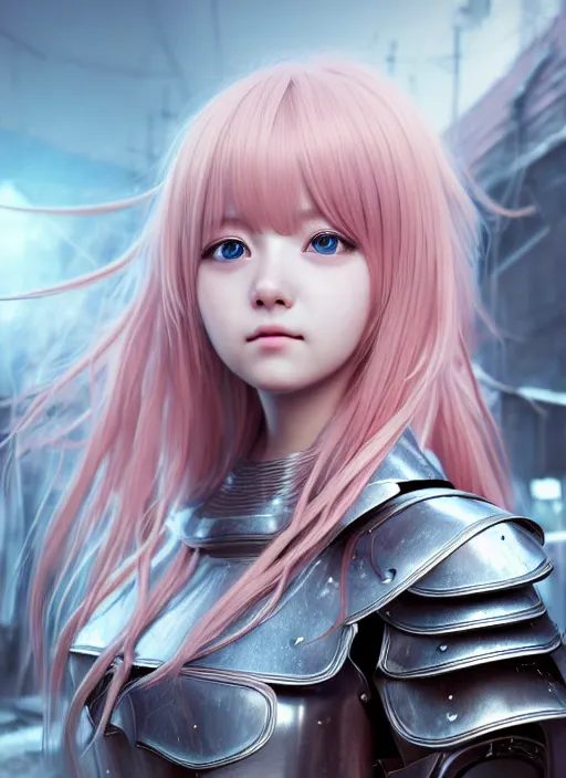 Prompt: a masterpiece hyperrealistic ultradetailed closeup photograph of a lifelike real human anime girl wearing steel plate armor, surrounded by clutter and mess, made by wlop, trending on artstation, pink hairs, cute, k - pop, sad, photoreal image, rendered, unreal engine 5, extremely detailed, sharp focus, 4 k