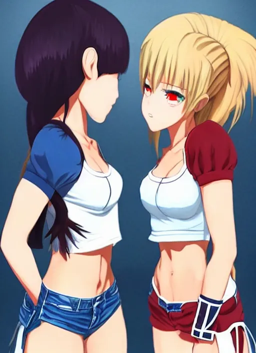 Image similar to two beautiful female fighters taunting each other, denim shorts, white top, dim lighting, gorgeous features, smooth, detailed anime art