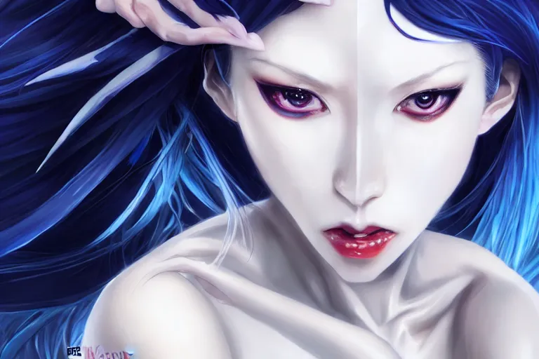 Prompt: Rena Nounen aka Nano as a super villain, [[[[grinning evily]]]], full view of face and body, sexy, luxurious white and royal blue accents, fantasy, intricate, elegant, highly detailed, digital painting, artstation, concept art, matte, sharp focus, masterpiece, illustration, art by WLOP and James Jean