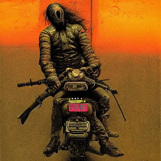 Image similar to motorbiker from hell, by beksinski and tristan eaton, dark neon trimmed beautiful dystopian digital art