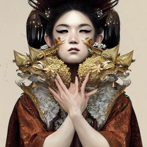 Prompt: a Photorealistic dramatic fantasy render of a beautiful woman wearing a beautiful intricately detailed Japanese Wolf Kitsune mask and clasical Japanese Kimono by WLOP,Artgerm,Greg Rutkowski,Alphonse Mucha, Beautiful dynamic dramatic dark moody lighting,shadows,cinematic atmosphere,Artstation,concept design art,Octane render,8K The seeds for each individual image are: [3925694355, 3153453669, 3164140849, 2168400184, 3445972813, 1101783851, 3359744262, 1621648002, 3373250780]