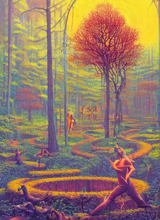 Prompt: happy forest labyrinth. with a flagrant statue in the bundle cassette era technology, vintage shapes, retro technology, happy color, bruce pennington, oil on canvas, deep depth field, masterpiece, cinematic composition, hyperdetailed