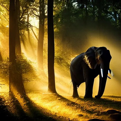 Image similar to A portrait of an elephant in a forest, natural lighting, sunbeams, golden hour, misty atmospherics