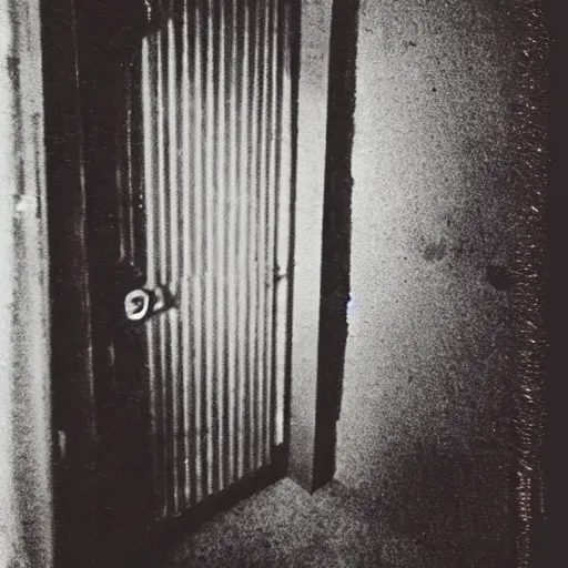 Image similar to An ominous photograph of the slightly opened door standing ajar, darkness behind it, dim lighting, a sense of unease and foreboding, nightmare, creepy, Polaroid photograph