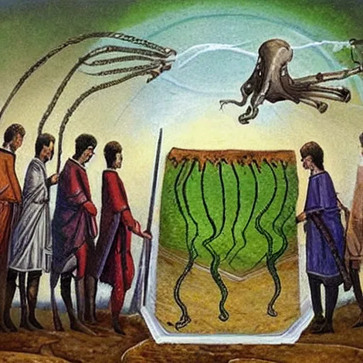 Prompt: realistic painting explaining to 1 3 th century people how aliens created life on earth