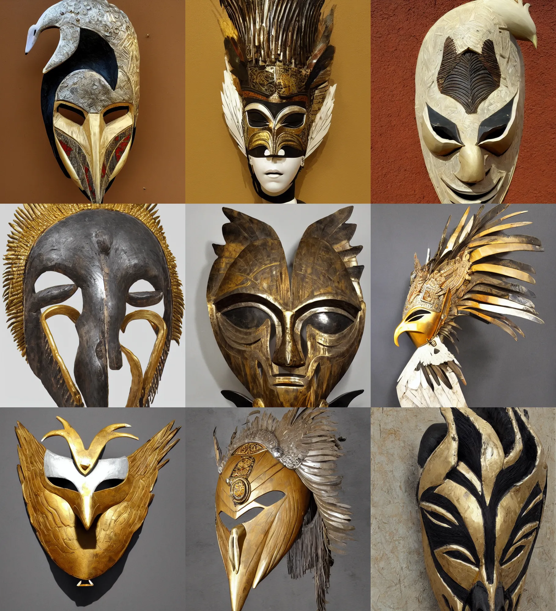 Prompt: african mask, asian female, primal, boho style, wood clay marble ivory crow swan eagle wings head eyes bamboo, golden and silver jewerly, low poly, brutal modern sculpure, painting by frank frazetta and Joaquin Sorolla, digital art