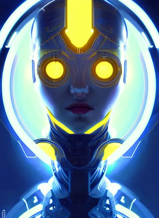 Image similar to symmetry portrait, sci - fi, tech wear, blue and yellow glowing lights, intricate, elegant, highly detailed, digital painting, artstation, concept art, smooth, sharp focus, illustration, art by artgerm and greg rutkowski and alphonse mucha