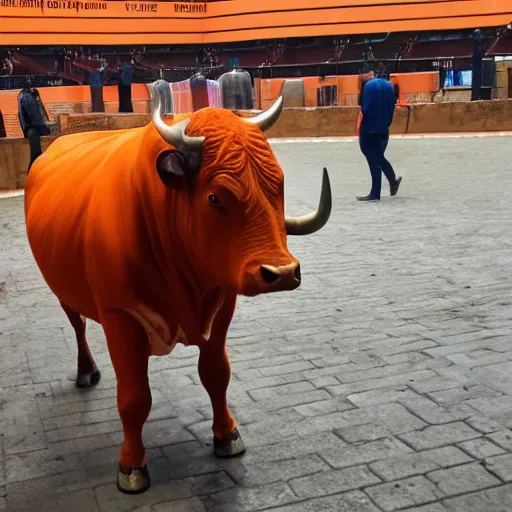 Image similar to bull in a bullring wearing orange prisoner clothes